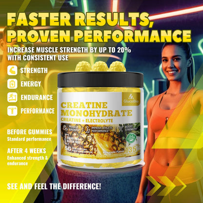 GlucoBio Creatin-Monohydrat Gummis (5g) – Pre-Workout Energie & Muskelwachstum für Männer & Frauen | Ananas-Elektrolyt-Gummis (135 Stück)