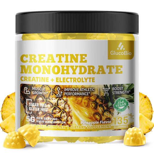 GlucoBio Creatin-Monohydrat Gummis (5g) – Pre-Workout Energie & Muskelwachstum für Männer & Frauen | Ananas-Elektrolyt-Gummis (135 Stück)