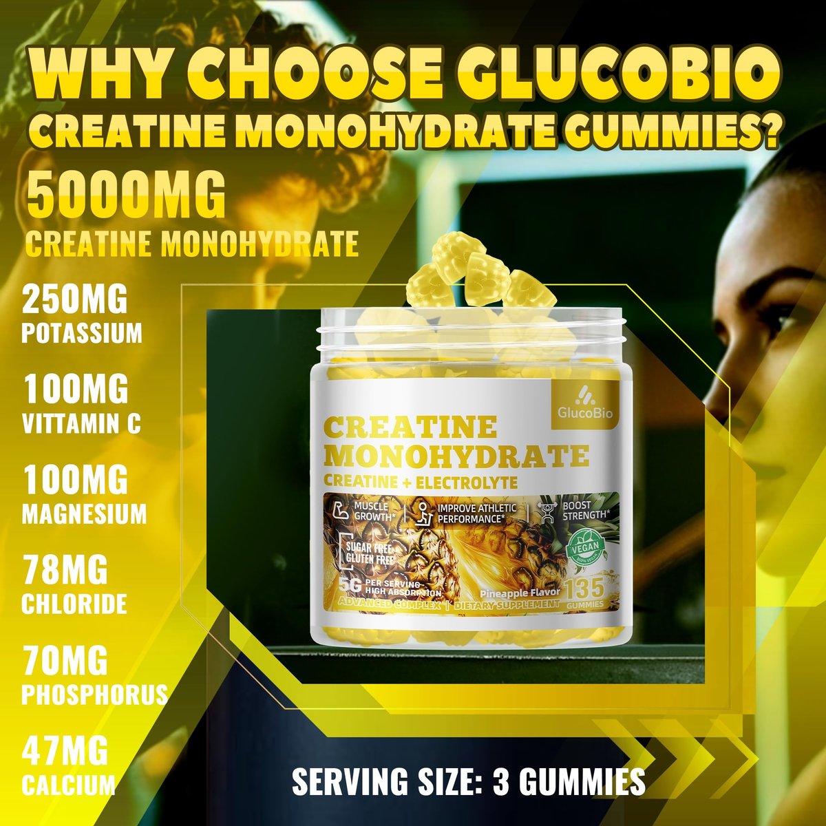 GlucoBio Creatin-Monohydrat Gummis (5g) – Pre-Workout Energie & Muskelwachstum für Männer & Frauen | Ananas-Elektrolyt-Gummis (135 Stück)