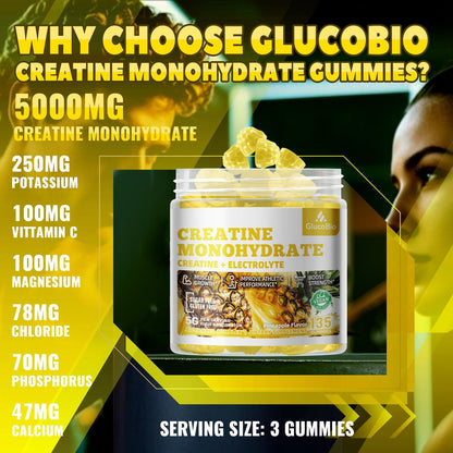 GlucoBio Creatin-Monohydrat Gummis (5g) – Pre-Workout Energie & Muskelwachstum für Männer & Frauen | Ananas-Elektrolyt-Gummis (135 Stück)
