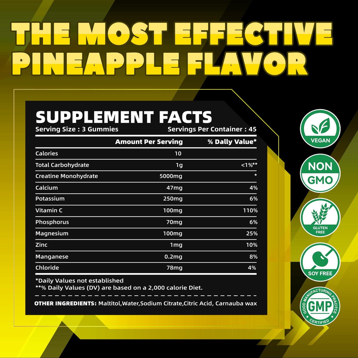GlucoBio Creatin-Monohydrat Gummis (5g) – Pre-Workout Energie & Muskelwachstum für Männer & Frauen | Ananas-Elektrolyt-Gummis (135 Stück)