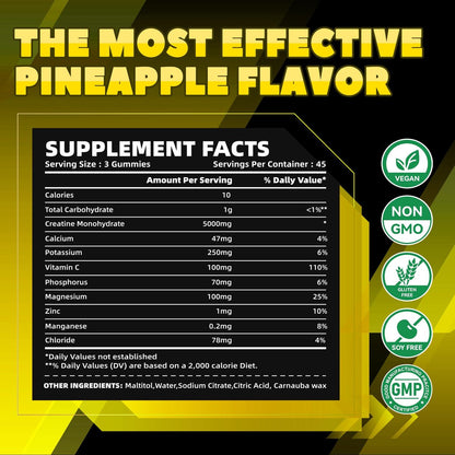 GlucoBio Creatin-Monohydrat Gummis (5g) – Pre-Workout Energie & Muskelwachstum für Männer & Frauen | Ananas-Elektrolyt-Gummis (135 Stück)