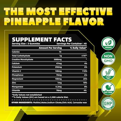 GlucoBio Creatin-Monohydrat Gummis (5g) – Pre-Workout Energie & Muskelwachstum für Männer & Frauen | Ananas-Elektrolyt-Gummis (135 Stück)