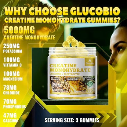 GlucoBio Creatin-Monohydrat Gummis (5g) – Pre-Workout Energie & Muskelwachstum für Männer & Frauen | Ananas-Elektrolyt-Gummis (135 Stück)