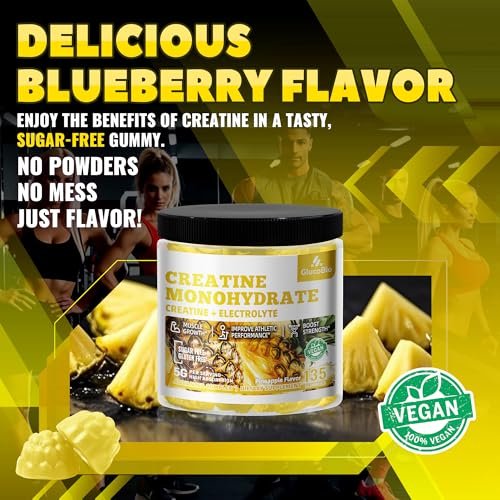 GlucoBio Creatin-Monohydrat Gummis (5g) – Pre-Workout Energie & Muskelwachstum für Männer & Frauen | Ananas-Elektrolyt-Gummis (135 Stück)
