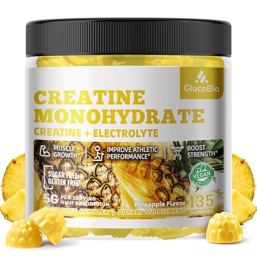 GlucoBio Creatin-Monohydrat Gummis (5g) – Pre-Workout Energie & Muskelwachstum für Männer & Frauen | Ananas-Elektrolyt-Gummis (135 Stück)