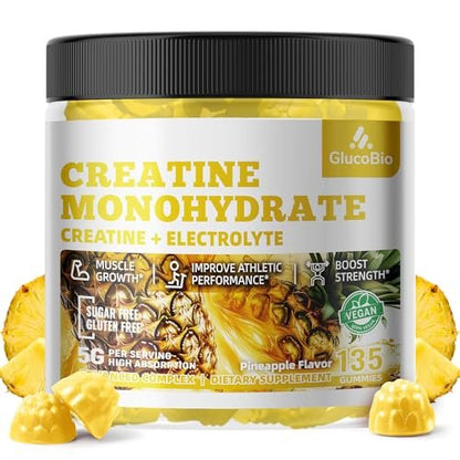 GlucoBio Creatin-Monohydrat Gummis (5g) – Pre-Workout Energie & Muskelwachstum für Männer & Frauen | Ananas-Elektrolyt-Gummis (135 Stück)