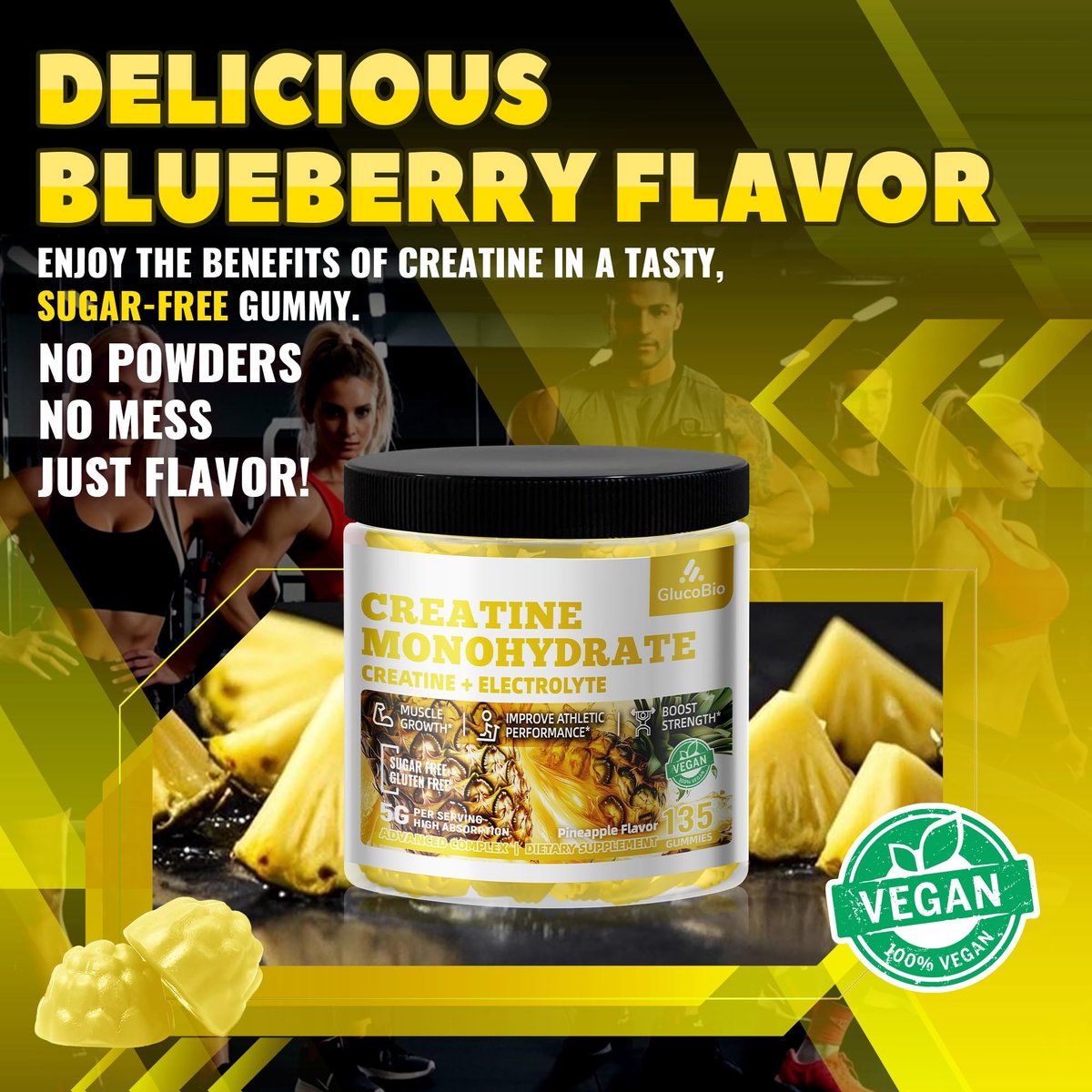GlucoBio Creatin-Monohydrat Gummis (5g) – Pre-Workout Energie & Muskelwachstum für Männer & Frauen | Ananas-Elektrolyt-Gummis (135 Stück)
