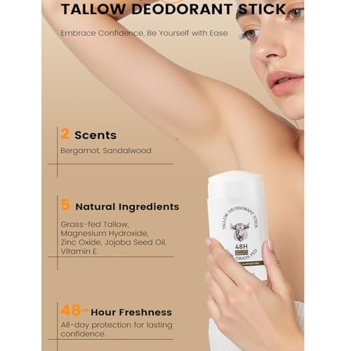 Tallow-Deodorant-Stick für Damen & Herren – Bergamotte-Duft, 48h Geruchskontrolle, aluminiumfrei, 75g