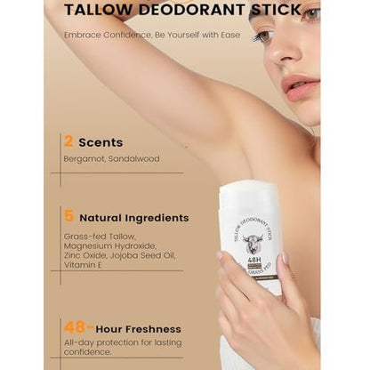 Tallow-Deodorant-Stick für Damen & Herren – Bergamotte-Duft, 48h Geruchskontrolle, aluminiumfrei, 75g
