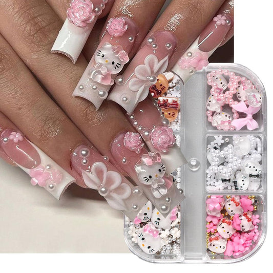 6er-Pack Cartoon Nagelkunst-Charms-Set, 3D Niedliche Nagelrhinsteine, Schleifen, Herzen, Blumen, Perlen, DIY-Maniküre-Werkzeuge