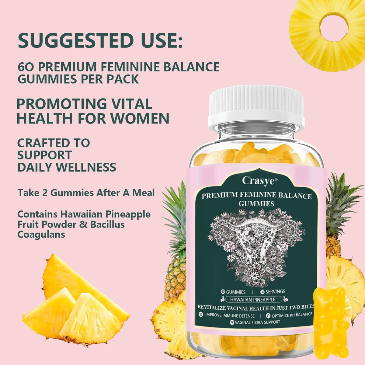 Crasye Premium Feminine Balance Gummies – PH-Balance & Vaginale Gesundheit mit Probiotika, Ananas-Geschmack, 60 Gummis (30 Portionen)