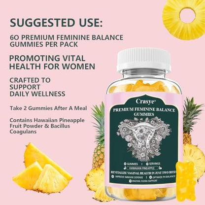 Crasye Premium Feminine Balance Gummies – PH-Balance & Vaginale Gesundheit mit Probiotika, Ananas-Geschmack, 60 Gummis (30 Portionen)
