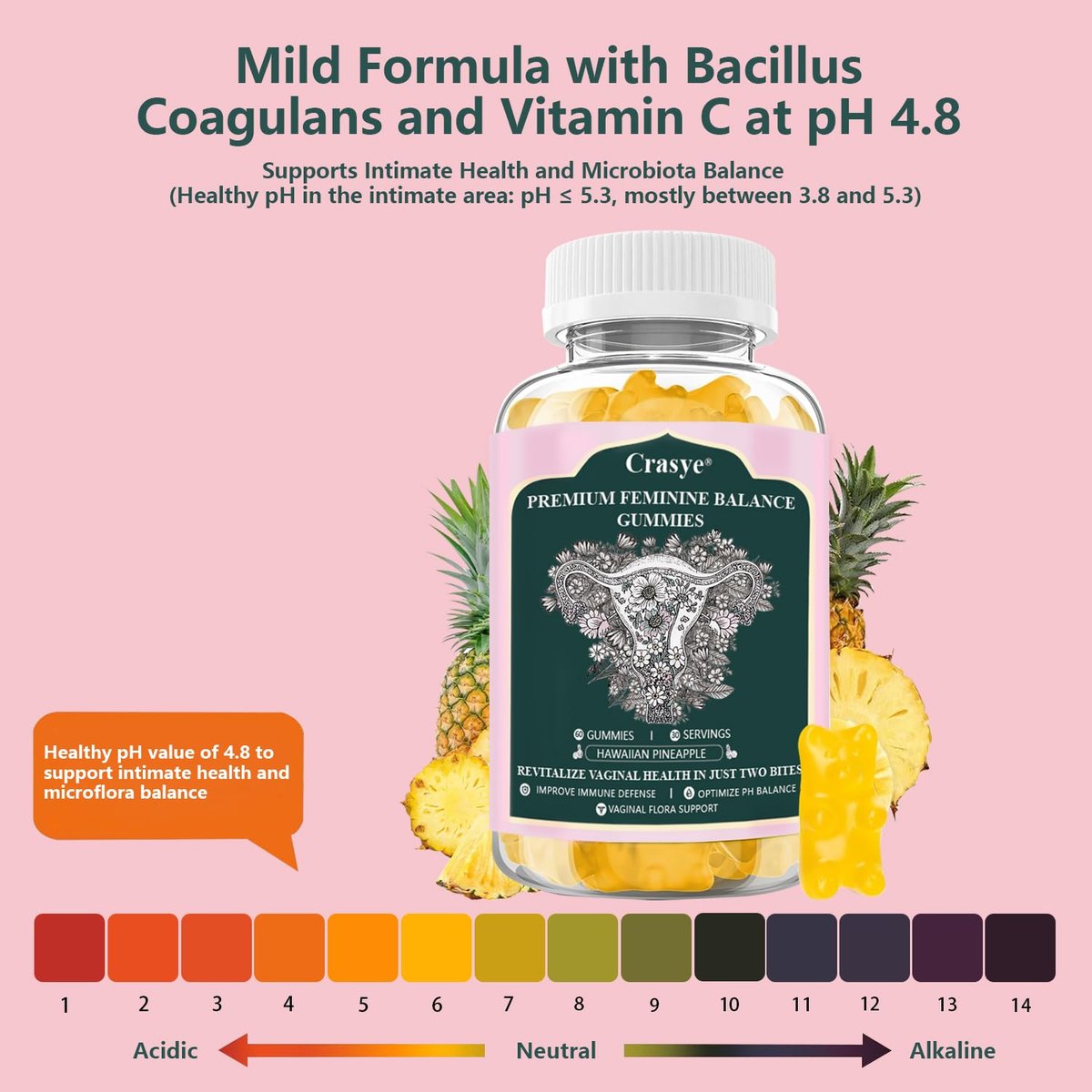 Crasye Premium Feminine Balance Gummies – PH-Balance & Vaginale Gesundheit mit Probiotika, Ananas-Geschmack, 60 Gummis (30 Portionen)