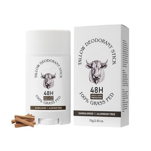 Talg-Deodorant-Stick – Aluminiumfreies Ganzkörper-Deodorant mit Weide-Rindertalg für Männer & Frauen – Sandelholz, 48-Stunden-Geruchskontrolle, unsichtbarer fester Deodorant-Stick
