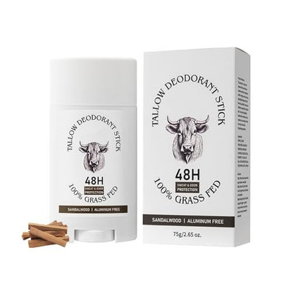 Talg-Deodorant-Stick – Aluminiumfreies Ganzkörper-Deodorant mit Weide-Rindertalg für Männer & Frauen – Sandelholz, 48-Stunden-Geruchskontrolle, unsichtbarer fester Deodorant-Stick