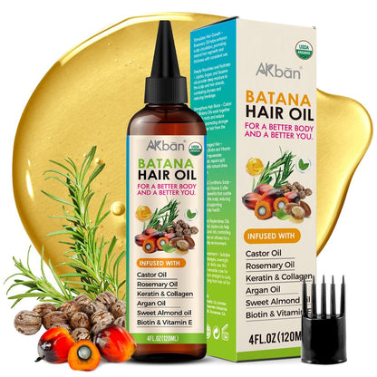 AKBAN Haarwachstumsöl – 100% reines Batana-, Rizinus-, Rosmarin- und Kürbiskernöl mit Biotin, Keratin & Vitamin E – Stärkende & verdickende Behandlung für gesundes Haar – 118 ml