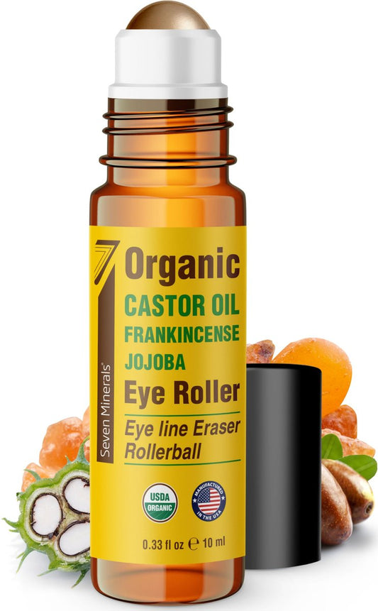 Seven Minerals Rizinusöl Roll-On Augenroller für Tränensäcke, Augenringe & Falten – Leistungsstarke organische Mischung aus Rizinus, Weihrauch & Jojoba – Aufhellen und Revitalisieren von Haut & Gesicht – 10 ml