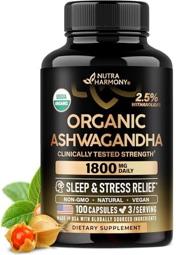 Ashwagandha 1800 mg Bio – USDA Bio-zertifiziertes Ashwagandha für Frauen & Männer – Klinisch wirksame Stärke für Stressabbau & Schlaf – Pulver & Wurzelextrakt 2,5 % Withanolide – 100 Kapseln
