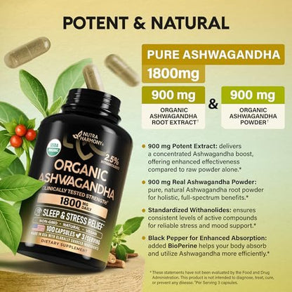 Ashwagandha 1800 mg Bio – USDA Bio-zertifiziertes Ashwagandha für Frauen & Männer – Klinisch wirksame Stärke für Stressabbau & Schlaf – Pulver & Wurzelextrakt 2,5 % Withanolide – 100 Kapseln