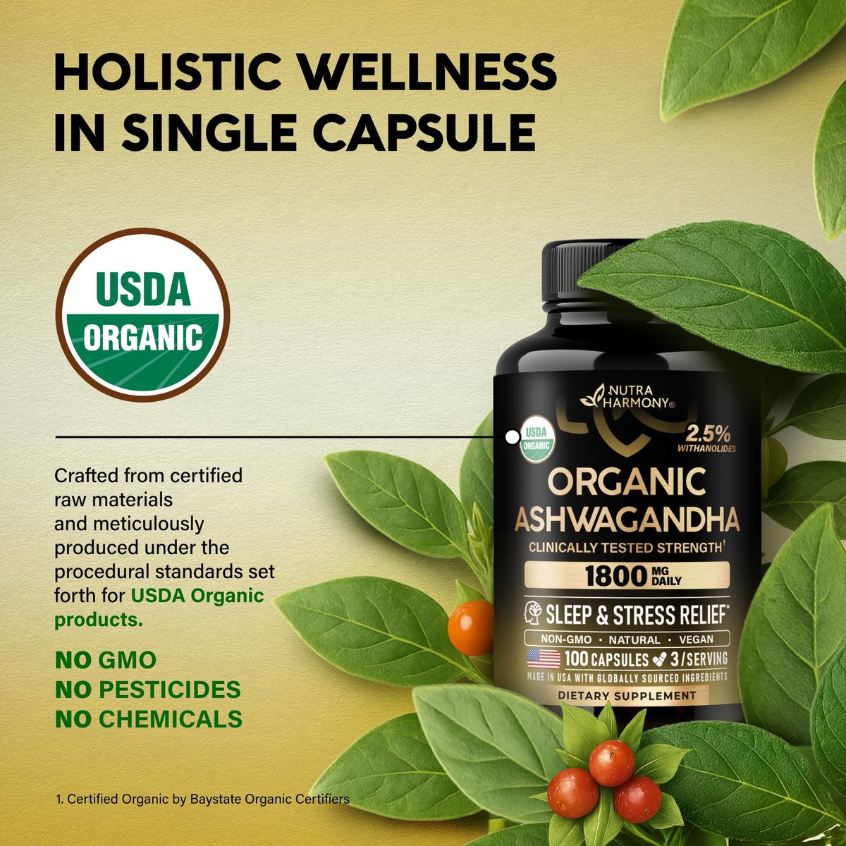 Ashwagandha 1800 mg Bio – USDA Bio-zertifiziertes Ashwagandha für Frauen & Männer – Klinisch wirksame Stärke für Stressabbau & Schlaf – Pulver & Wurzelextrakt 2,5 % Withanolide – 100 Kapseln
