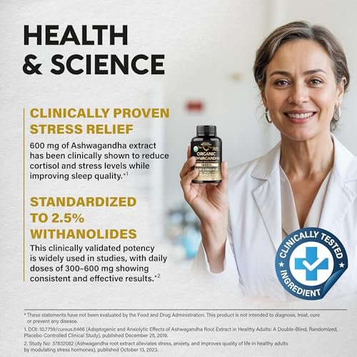 Ashwagandha 1800 mg Bio – USDA Bio-zertifiziertes Ashwagandha für Frauen & Männer – Klinisch wirksame Stärke für Stressabbau & Schlaf – Pulver & Wurzelextrakt 2,5 % Withanolide – 100 Kapseln
