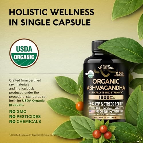 Ashwagandha 1800 mg Bio – USDA Bio-zertifiziertes Ashwagandha für Frauen & Männer – Klinisch wirksame Stärke für Stressabbau & Schlaf – Pulver & Wurzelextrakt 2,5 % Withanolide – 100 Kapseln