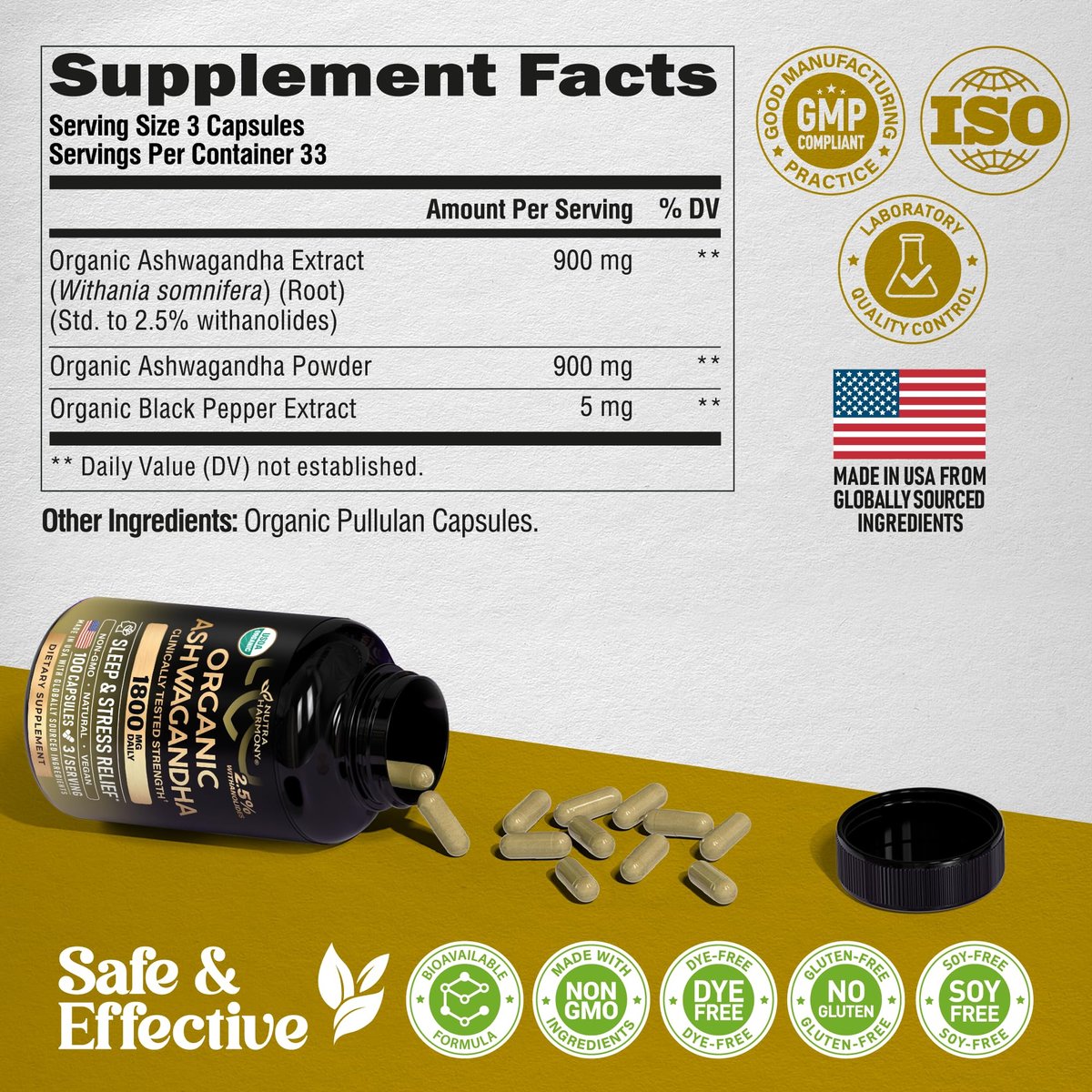 Ashwagandha 1800 mg Bio – USDA Bio-zertifiziertes Ashwagandha für Frauen & Männer – Klinisch wirksame Stärke für Stressabbau & Schlaf – Pulver & Wurzelextrakt 2,5 % Withanolide – 100 Kapseln