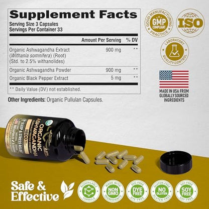 Ashwagandha 1800 mg Bio – USDA Bio-zertifiziertes Ashwagandha für Frauen & Männer – Klinisch wirksame Stärke für Stressabbau & Schlaf – Pulver & Wurzelextrakt 2,5 % Withanolide – 100 Kapseln