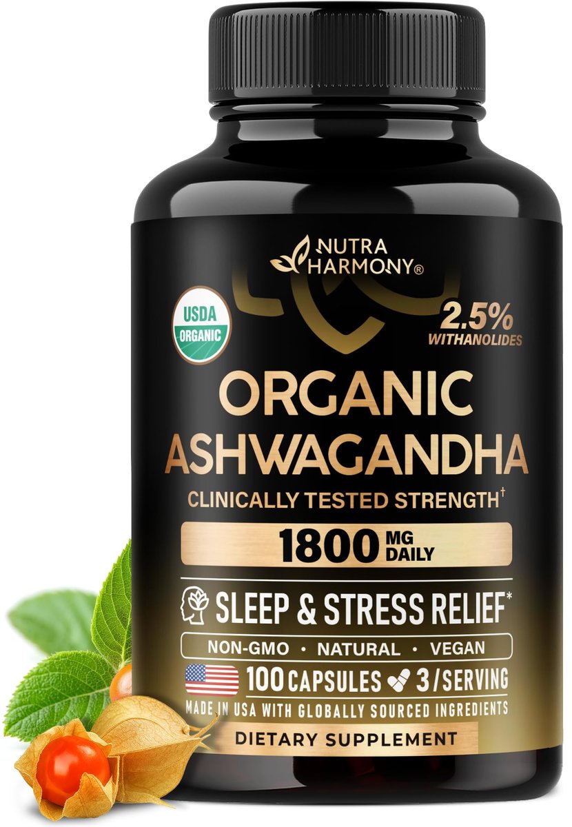 Ashwagandha 1800 mg Bio – USDA Bio-zertifiziertes Ashwagandha für Frauen & Männer – Klinisch wirksame Stärke für Stressabbau & Schlaf – Pulver & Wurzelextrakt 2,5 % Withanolide – 100 Kapseln