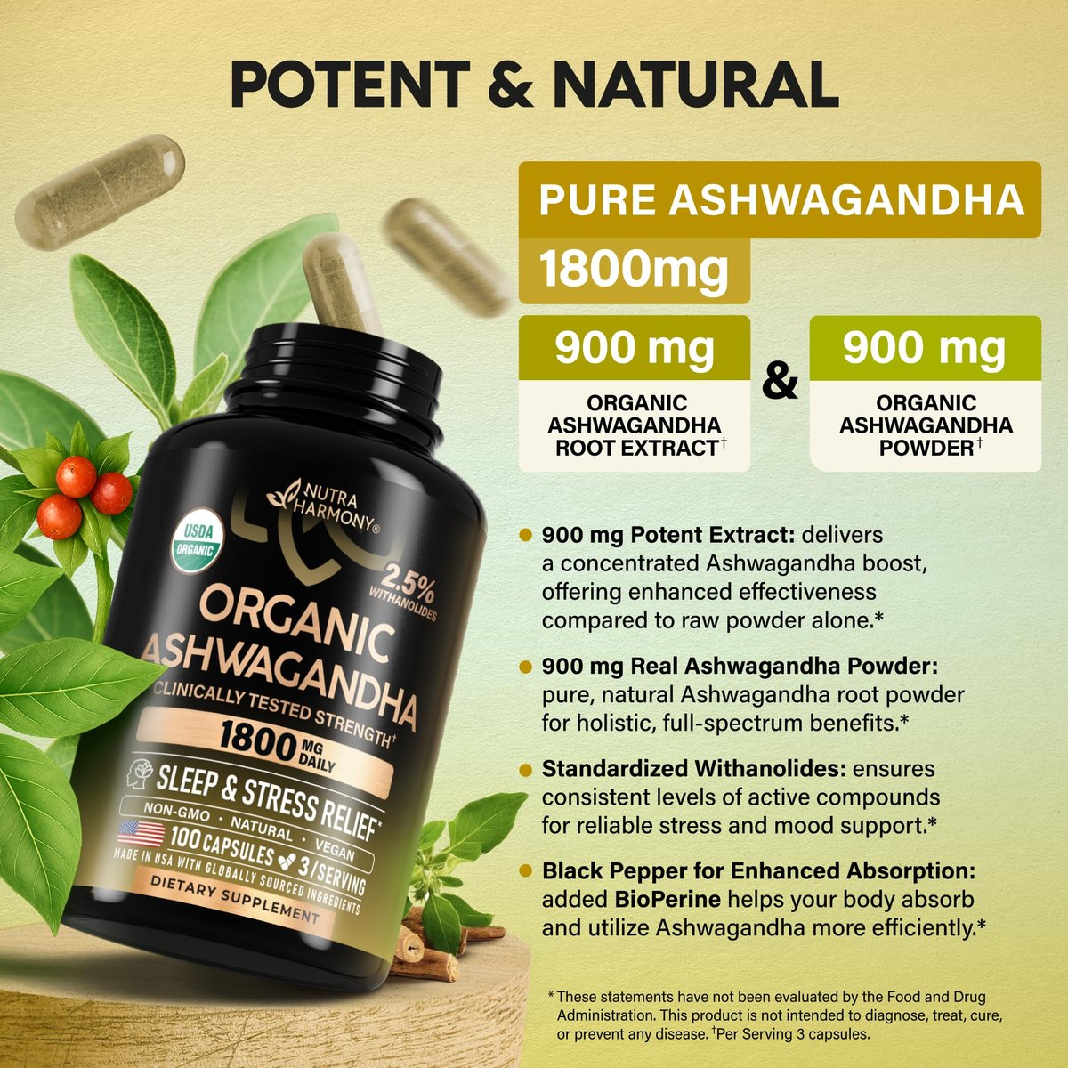 Ashwagandha 1800 mg Bio – USDA Bio-zertifiziertes Ashwagandha für Frauen & Männer – Klinisch wirksame Stärke für Stressabbau & Schlaf – Pulver & Wurzelextrakt 2,5 % Withanolide – 100 Kapseln