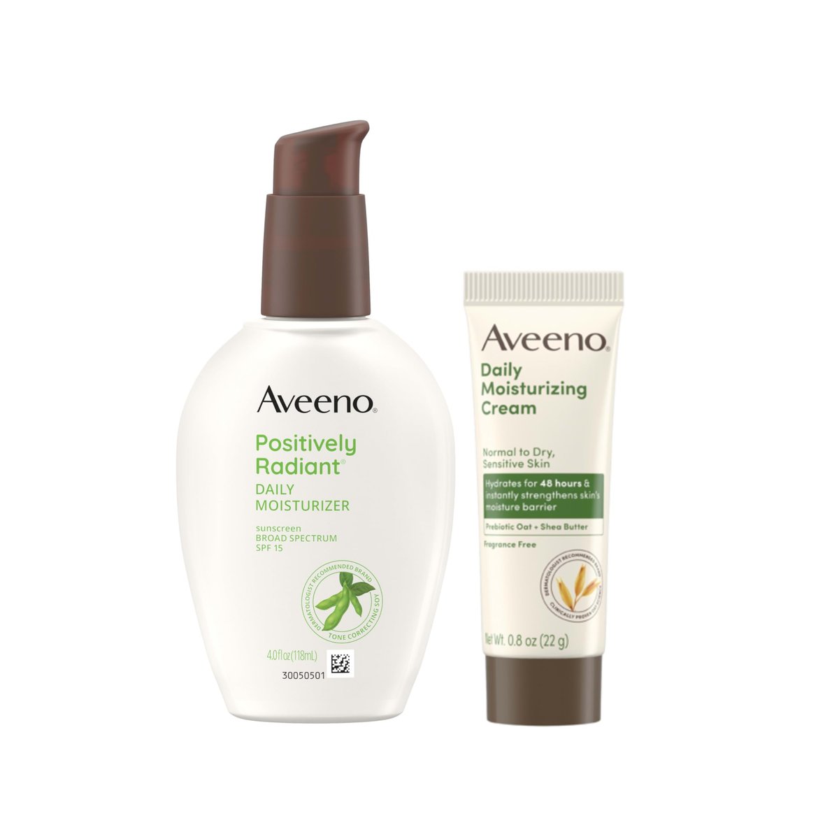 Aveeno Hautpflege-Set: Positively Radiant Tägliche SPF 15 Feuchtigkeitscreme + Soja 118 ml & Reisegröße Tägliche Feuchtigkeitscreme für Körper, Gesicht & Hände 24 ml – 2er-Pack