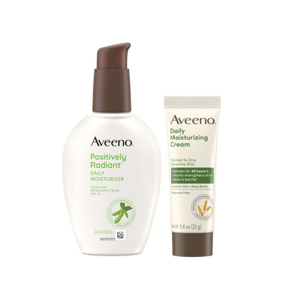 Aveeno Hautpflege-Set: Positively Radiant Tägliche SPF 15 Feuchtigkeitscreme + Soja 118 ml & Reisegröße Tägliche Feuchtigkeitscreme für Körper, Gesicht & Hände 24 ml – 2er-Pack
