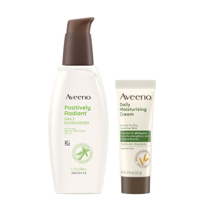 Aveeno Hautpflege-Set: Positively Radiant Tägliche SPF 30 Gesichts-Sonnenschutz-Feuchtigkeitscreme + Soja, 2,3 fl. oz. & Reisegröße Tägliche Feuchtigkeitscreme für Körper, Gesicht & Hände, 0,8 oz, Zweierpack, 2 Artikel