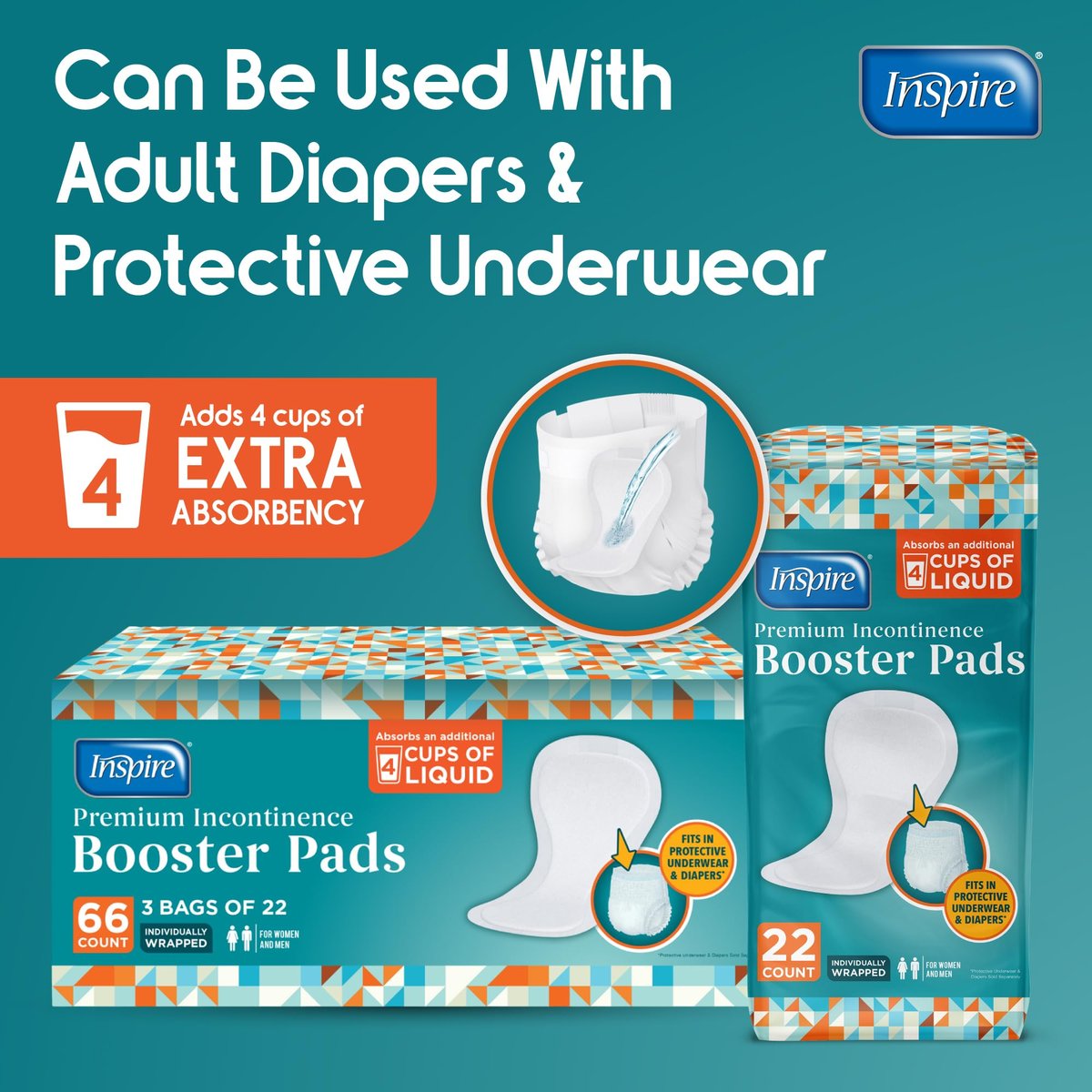 Inspire Ultra Saugfähige Inkontinenz-Booster-Pads | Absorbiert über 4 Tassen! | Für Frauen oder Männer, Klebestreifen zur Verwendung in Inkontinenzunterwäsche und Windeln auslaufsicher (22 Stück)