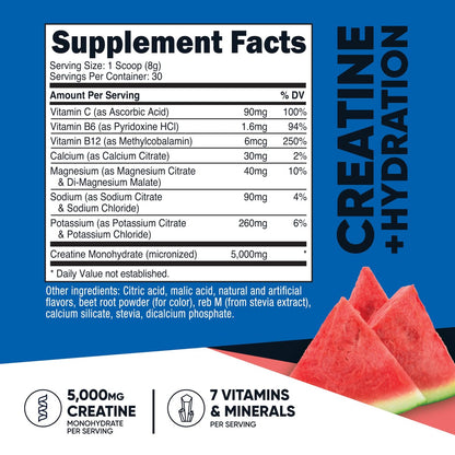 Nutricost Creatin-Monohydrat + Hydration Wassermelone Geschmack (30 Portionen) - 7 Vitamine & Mineralstoffe, 5000 mg Creatin pro Portion