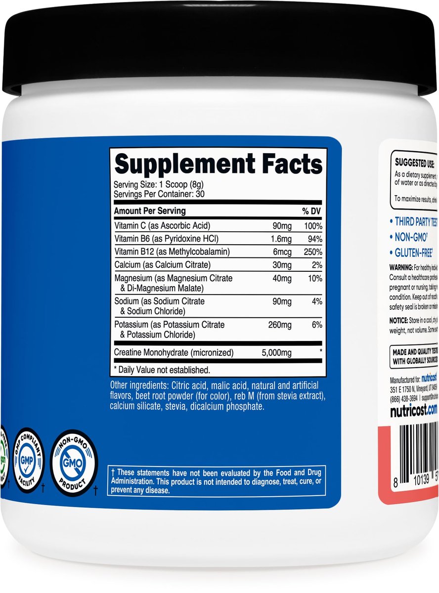 Nutricost Creatin-Monohydrat + Hydration Wassermelone Geschmack (30 Portionen) - 7 Vitamine & Mineralstoffe, 5000 mg Creatin pro Portion
