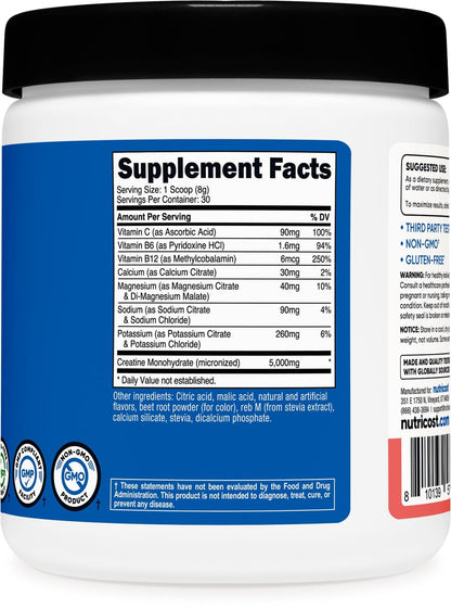Nutricost Creatin-Monohydrat + Hydration Wassermelone Geschmack (30 Portionen) - 7 Vitamine & Mineralstoffe, 5000 mg Creatin pro Portion