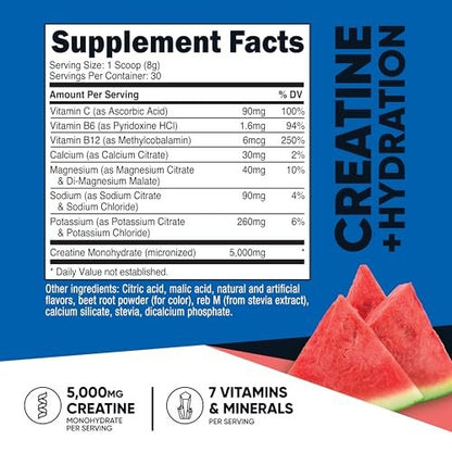 Nutricost Creatin-Monohydrat + Hydration Wassermelone Geschmack (30 Portionen) - 7 Vitamine & Mineralstoffe, 5000 mg Creatin pro Portion