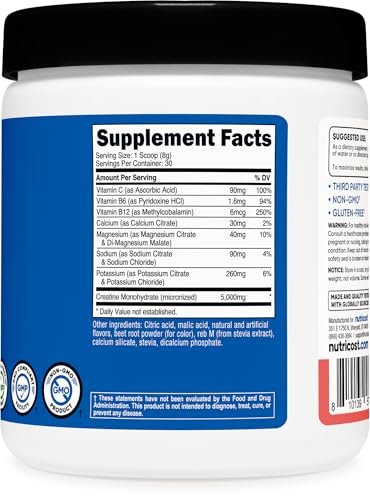 Nutricost Creatin-Monohydrat + Hydration Wassermelone Geschmack (30 Portionen) - 7 Vitamine & Mineralstoffe, 5000 mg Creatin pro Portion