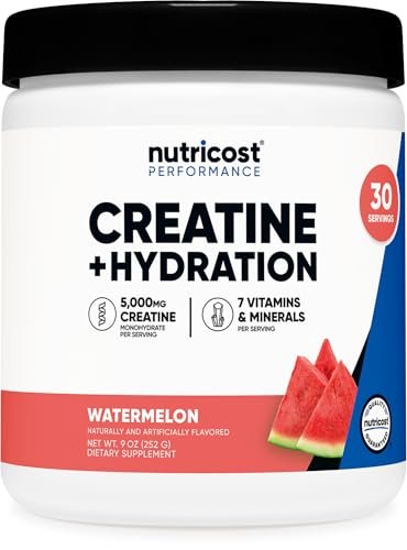 Nutricost Creatin-Monohydrat + Hydration Wassermelone Geschmack (30 Portionen) - 7 Vitamine & Mineralstoffe, 5000 mg Creatin pro Portion