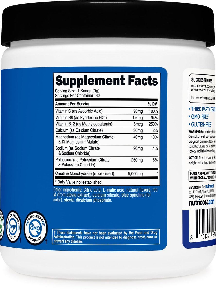 Nutricost Creatin-Monohydrat + Hydration Blauer Himbeergeschmack (30 Portionen) – 7 Vitamine & Mineralien, 5000 mg Creatin pro Portion
