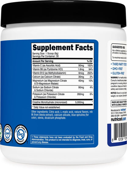 Nutricost Creatin-Monohydrat + Hydration Blauer Himbeergeschmack (30 Portionen) – 7 Vitamine & Mineralien, 5000 mg Creatin pro Portion
