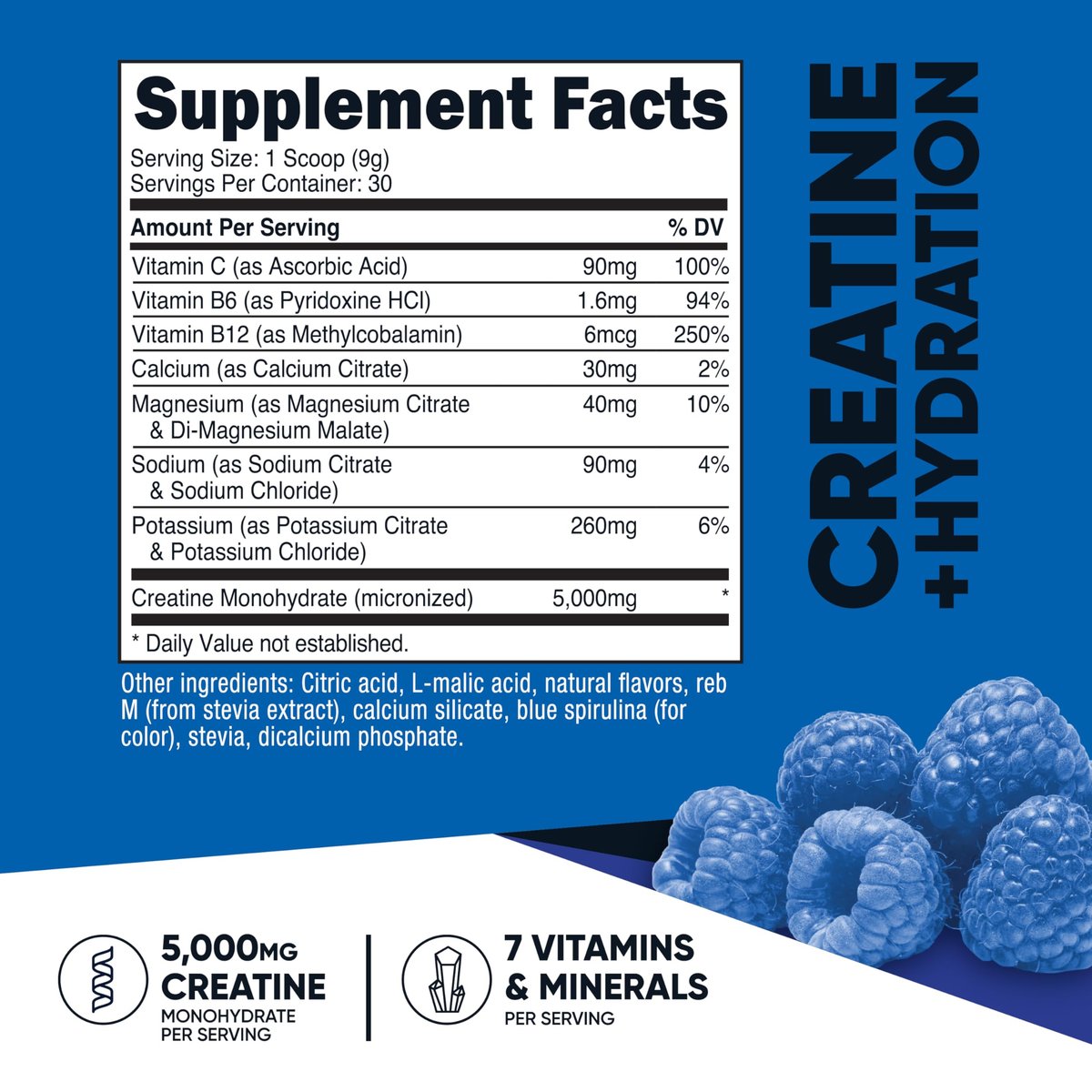 Nutricost Creatin-Monohydrat + Hydration Blauer Himbeergeschmack (30 Portionen) – 7 Vitamine & Mineralien, 5000 mg Creatin pro Portion