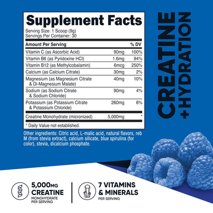 Nutricost Creatin-Monohydrat + Hydration Blauer Himbeergeschmack (30 Portionen) – 7 Vitamine & Mineralien, 5000 mg Creatin pro Portion