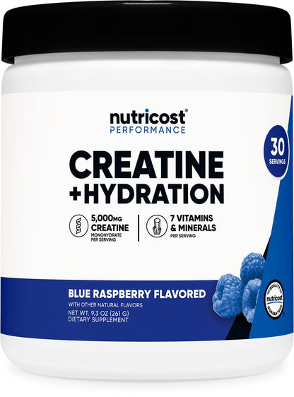 Nutricost Creatin-Monohydrat + Hydration Blauer Himbeergeschmack (30 Portionen) – 7 Vitamine & Mineralien, 5000 mg Creatin pro Portion