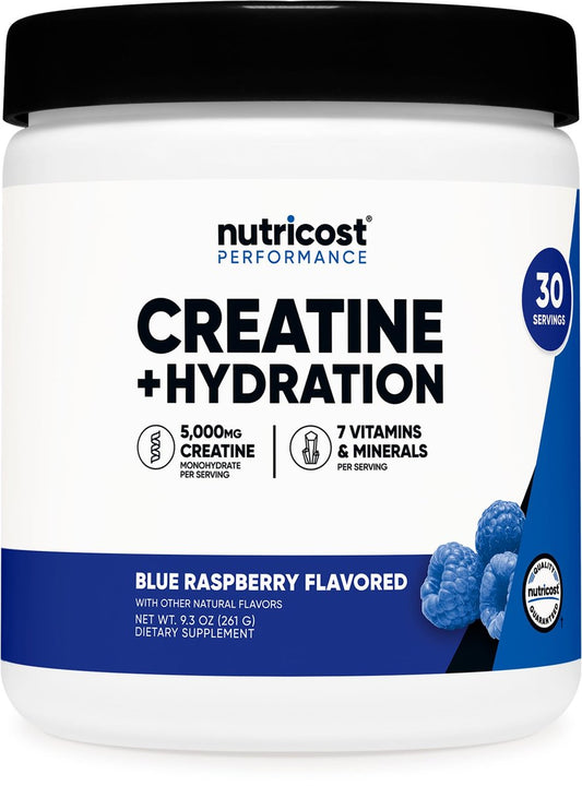 Nutricost Creatin-Monohydrat + Hydration Blauer Himbeergeschmack (30 Portionen) – 7 Vitamine & Mineralien, 5000 mg Creatin pro Portion