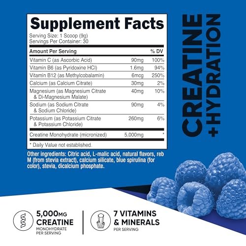 Nutricost Creatin-Monohydrat + Hydration Blauer Himbeergeschmack (30 Portionen) – 7 Vitamine & Mineralien, 5000 mg Creatin pro Portion