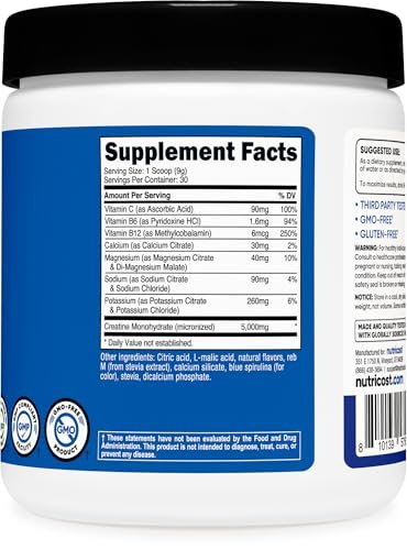 Nutricost Creatin-Monohydrat + Hydration Blauer Himbeergeschmack (30 Portionen) – 7 Vitamine & Mineralien, 5000 mg Creatin pro Portion