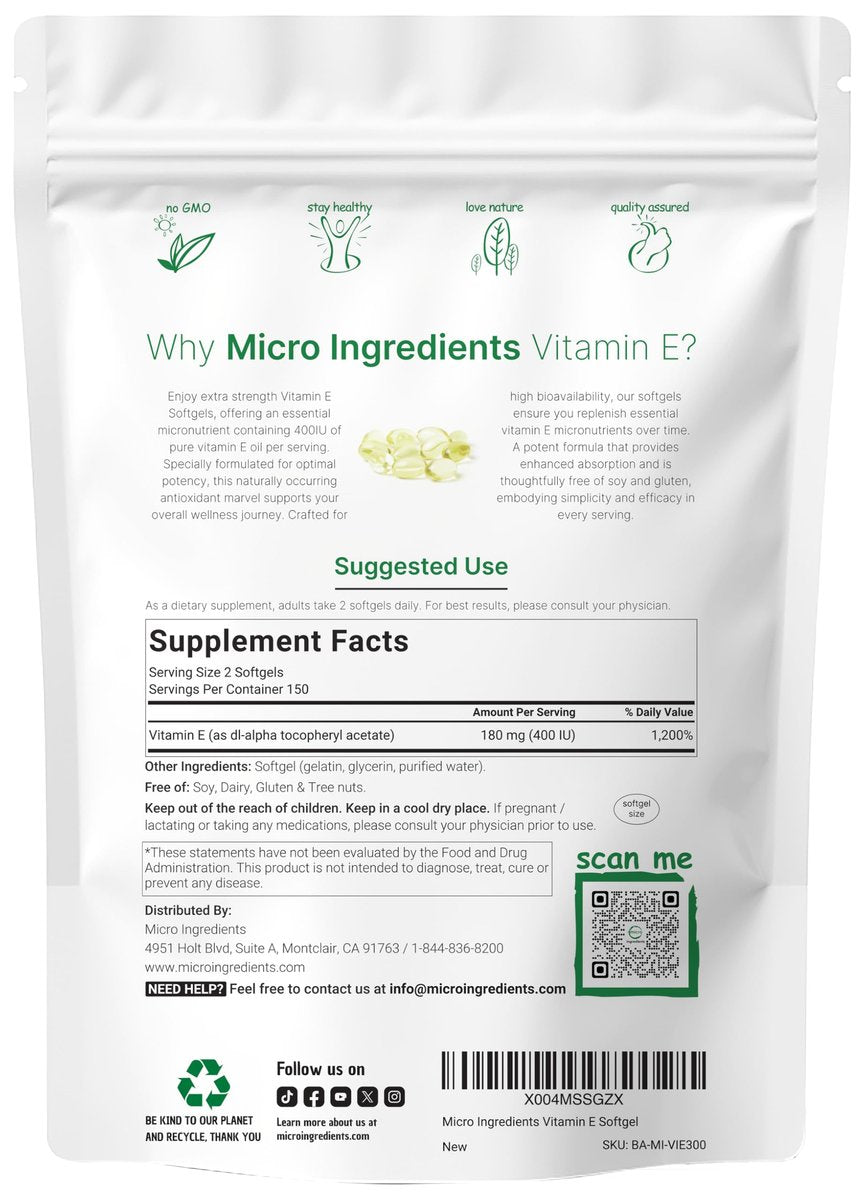 Micro Ingredients Vitamin E 400 IE, 300 Weichkapseln – Reine Vitamin E Öl Kapseln – Antioxidans Nahrungsergänzung für Haut, Gesicht, Herz und Immunsystem – Nicht-GVO, Glutenfrei